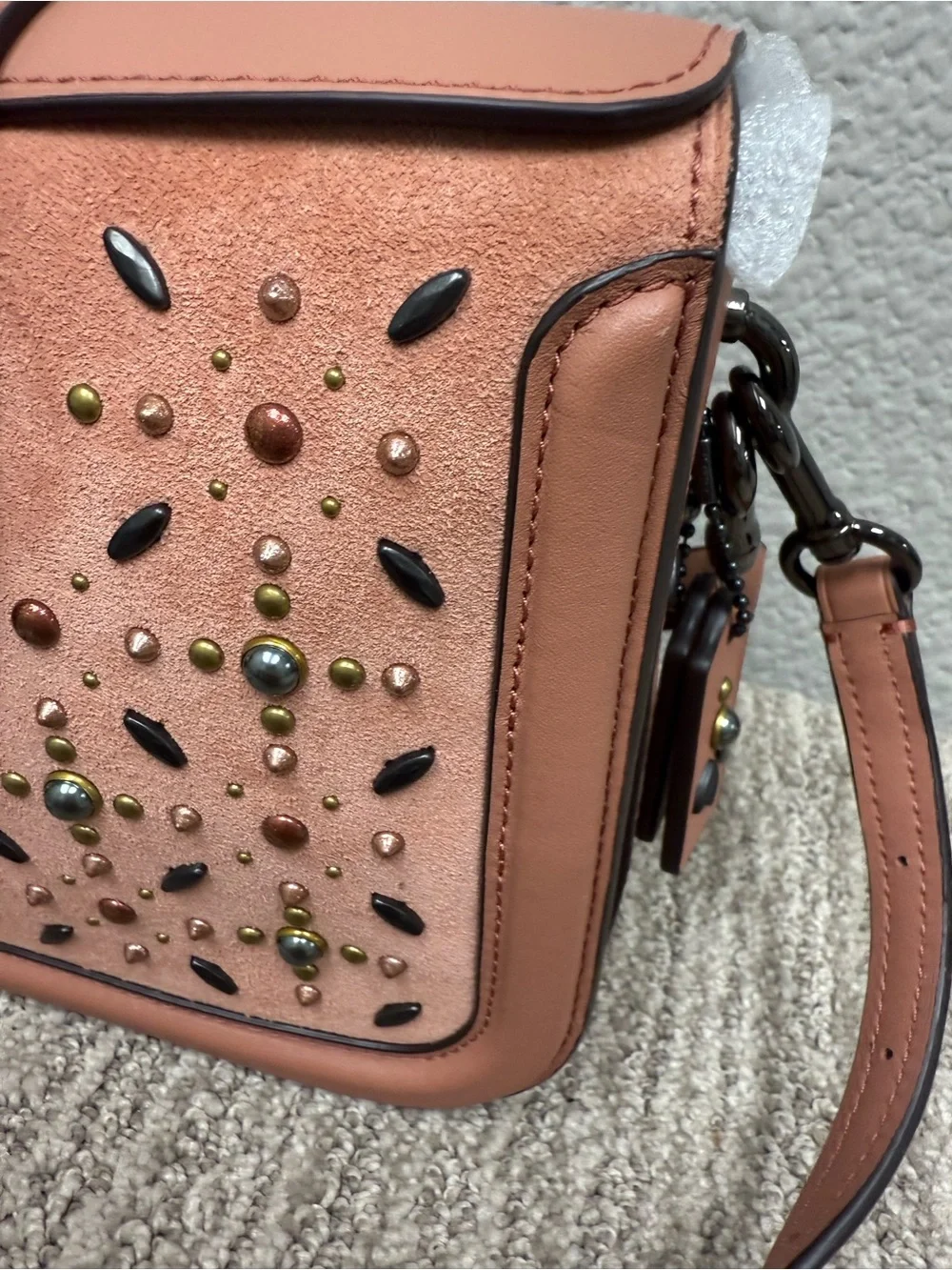 Coach Page Prairie Rivets Coral Pink Leather Studded Turnlock Shoulder/Cross Bag